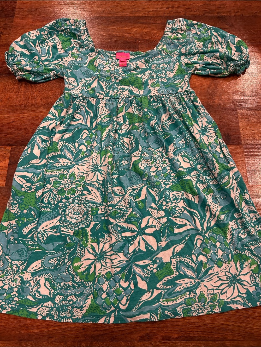 Lilly Pulitzer Mini Delaney Dress Girl's Puffed Sleeve Smocked XL 12-14 Blue